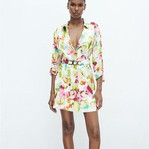 NWT Zara Women's Multi Floral Print Satin Dress Size L